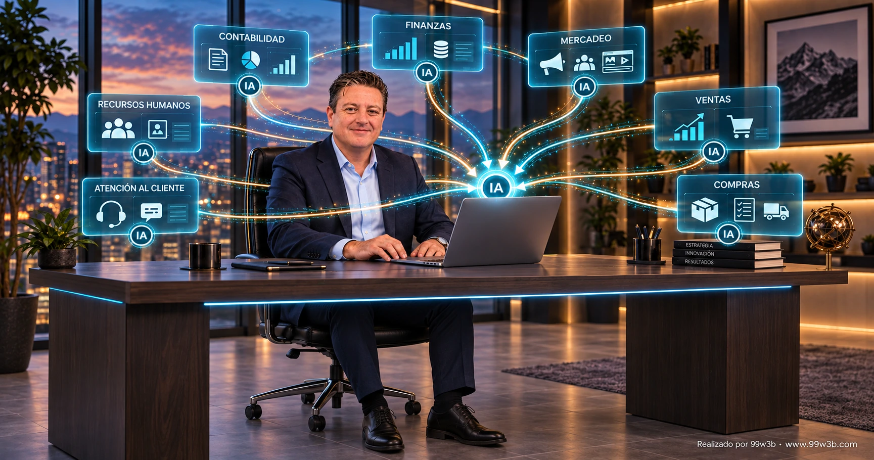 Andrés Pardo Restrepo sentado ante un portátil, con paneles de IA conectados para contabilidad, finanzas, mercadeo, ventas, compras, recursos humanos y atención al cliente.